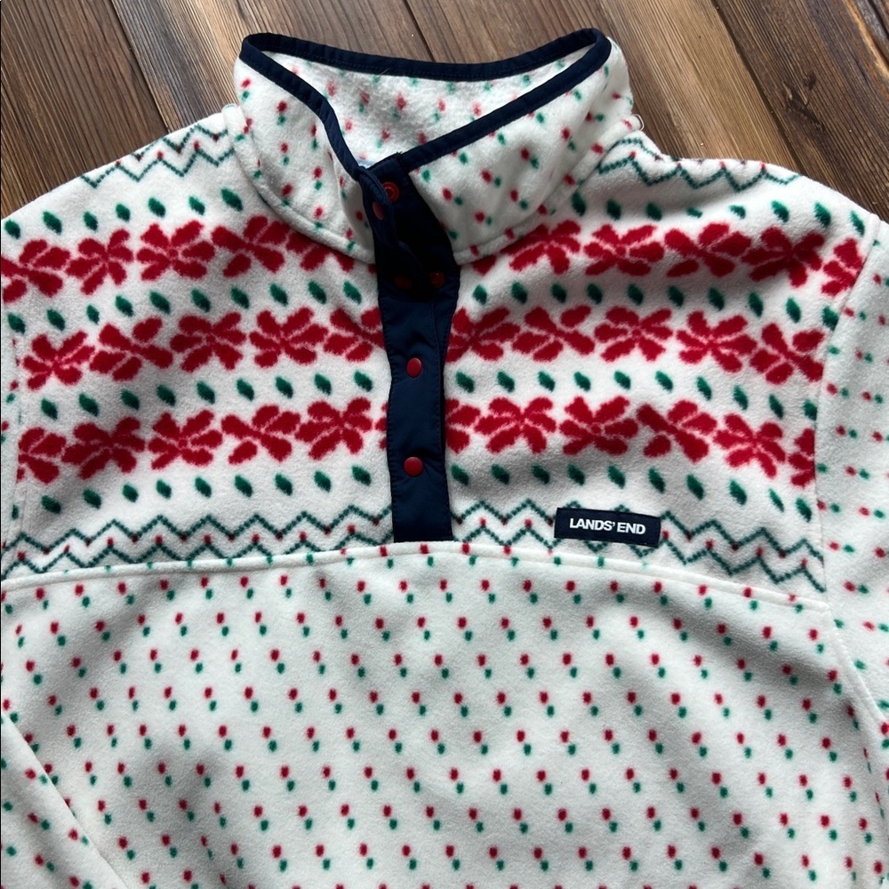 Lands' End Heritage Fleece Snap-Neck Pullover in Poinsettia Print - Picture 3 of 12